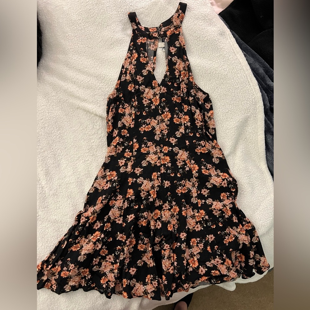 American Eagle Black Floral High Neck Fit & Flare Dress